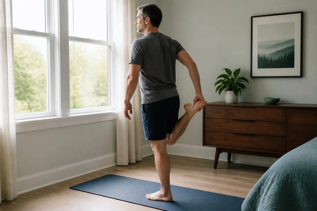 A man in his late 40s doing a standing quad stretch on a yoga mat in a bright bedroom